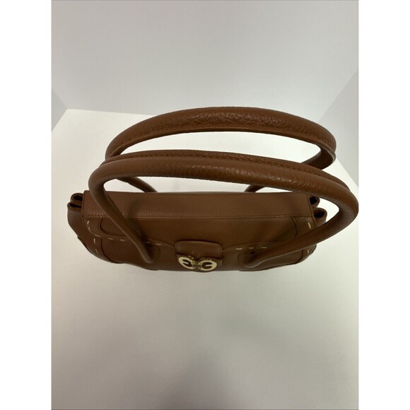 Escada Brown Pebble Leather Stitch Trim Front Flap Gold Hardware Satchel Handbag - Picture 7 of 12